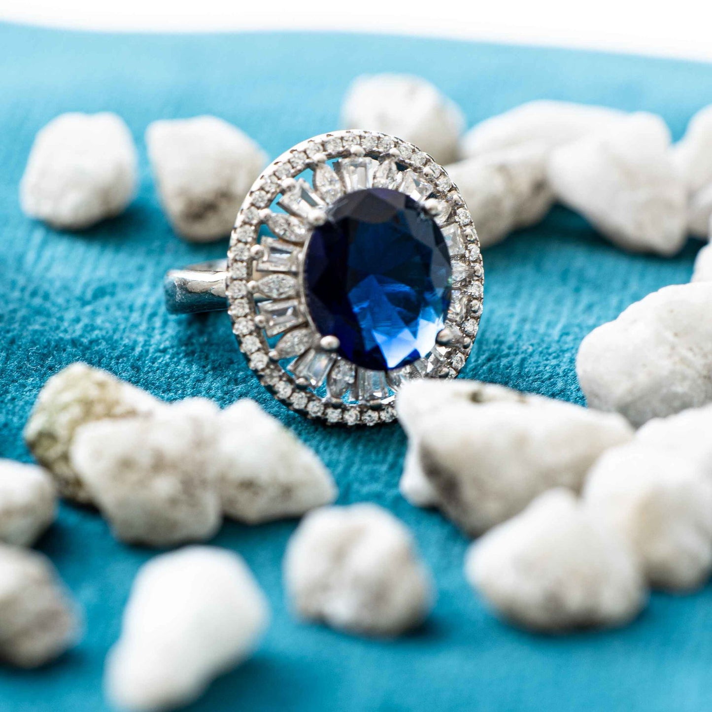 Lustrous Silver Blue Sapphire Solitaire Ring - Aayat