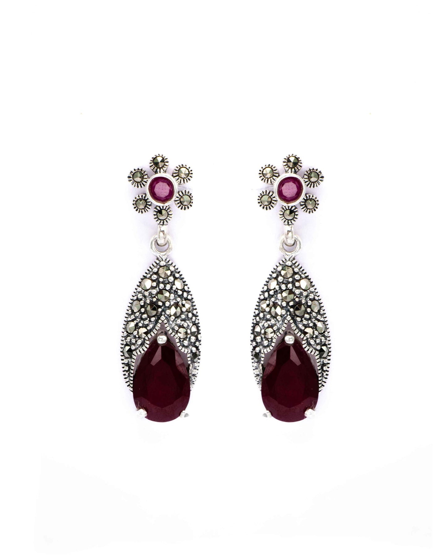 Oxidised Silver Pear-Shaped Red Ruby Earrings - Aayat