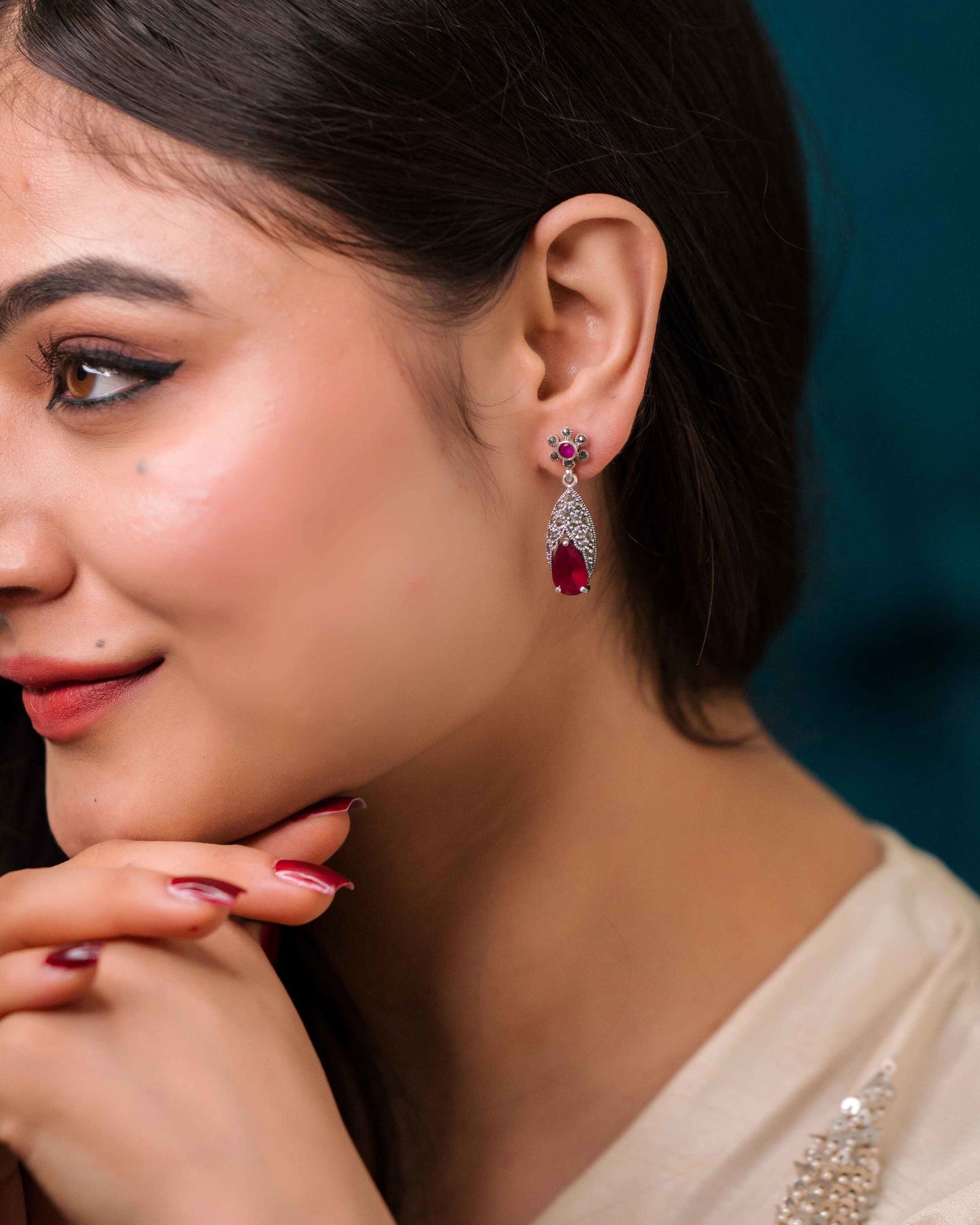 Oxidised Silver Pear-Shaped Red Ruby Earrings - Aayat