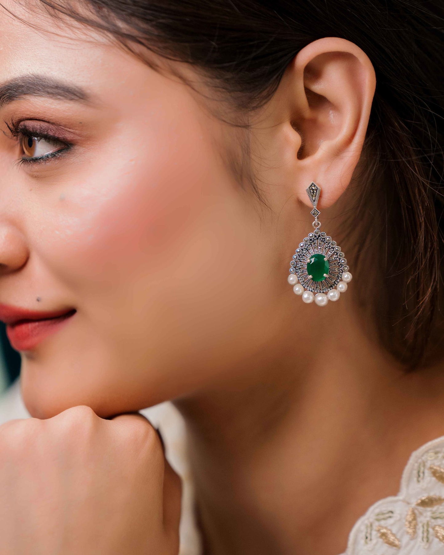 Oxidised Silver Pearl Layered Green Emerald Earrings - Aayat