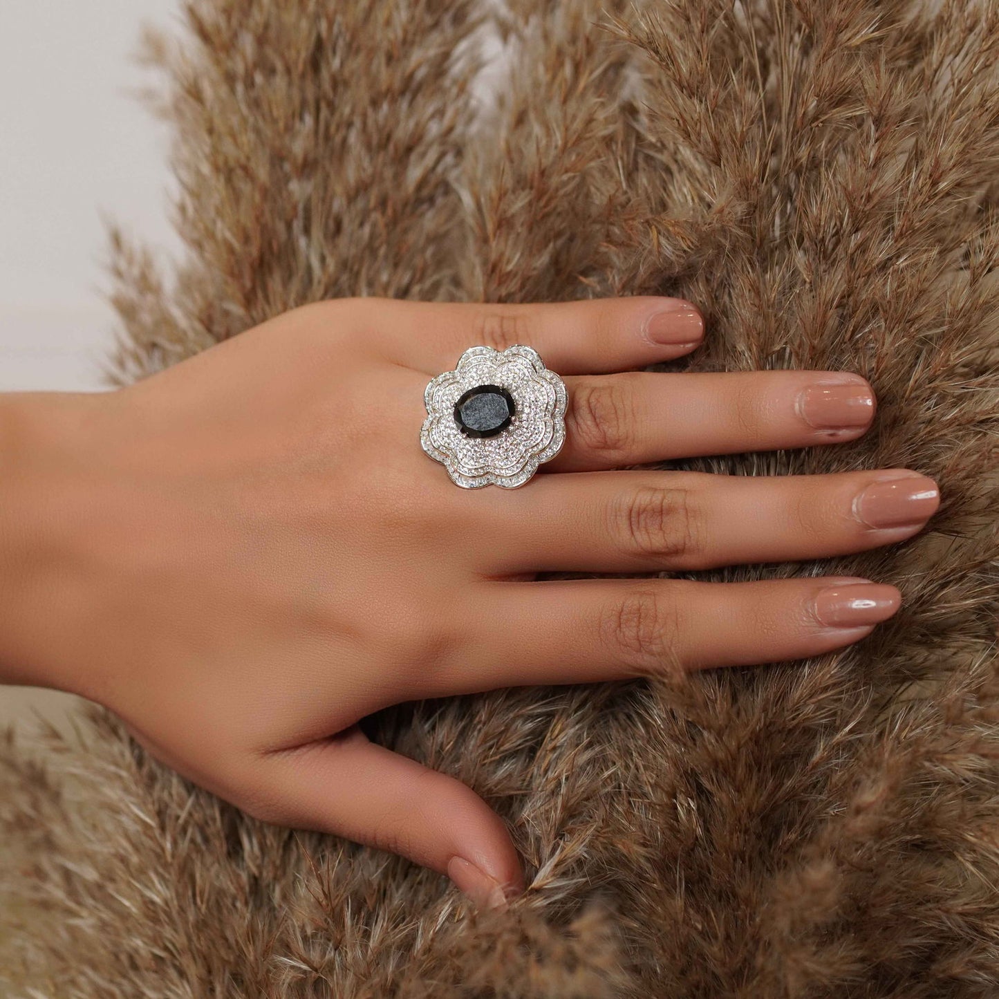 Silver Studded Blossom Solitaire Cocktail Ring - Aayat