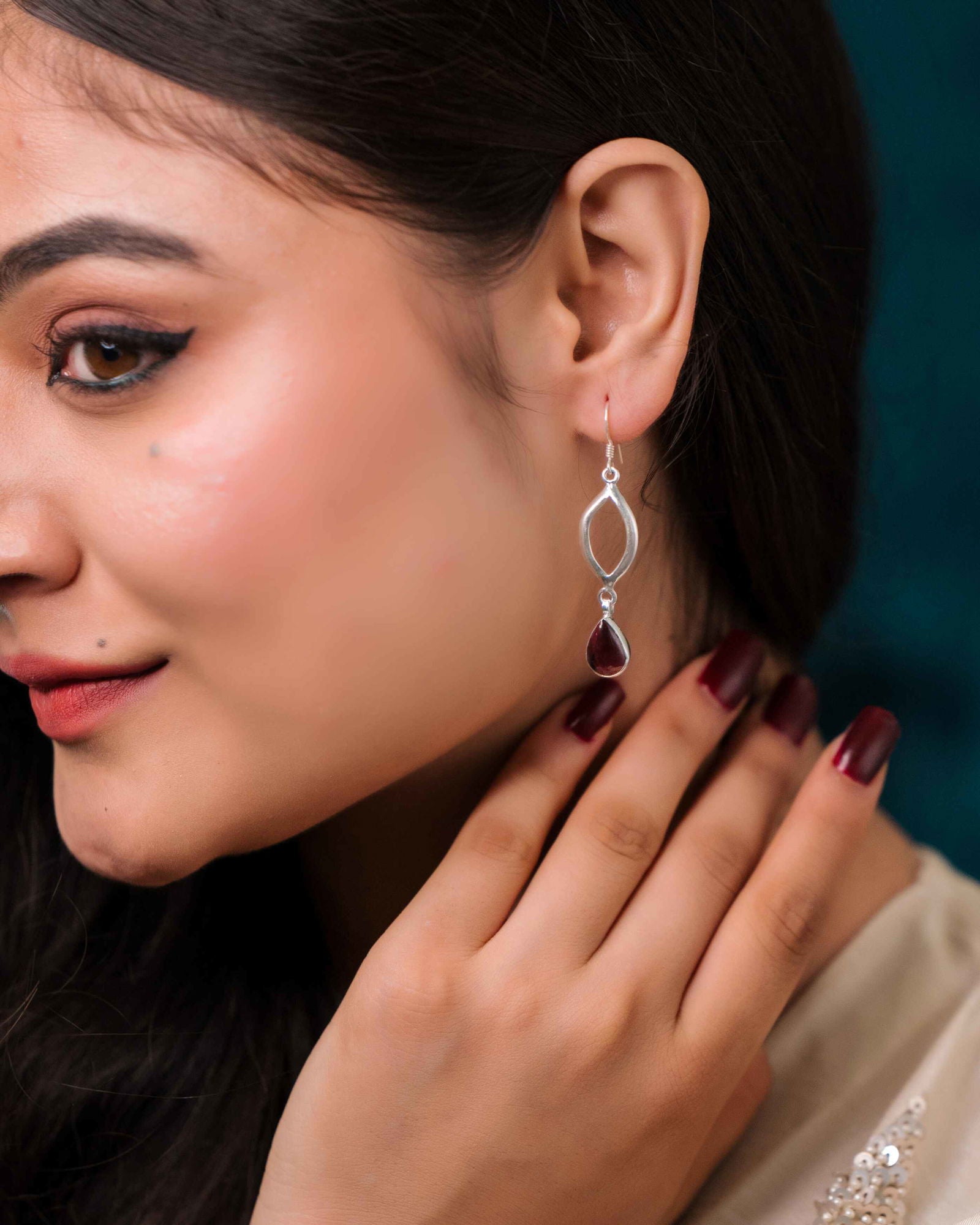 Oxidised Silver Burgundy Drop Earrings - Aayat