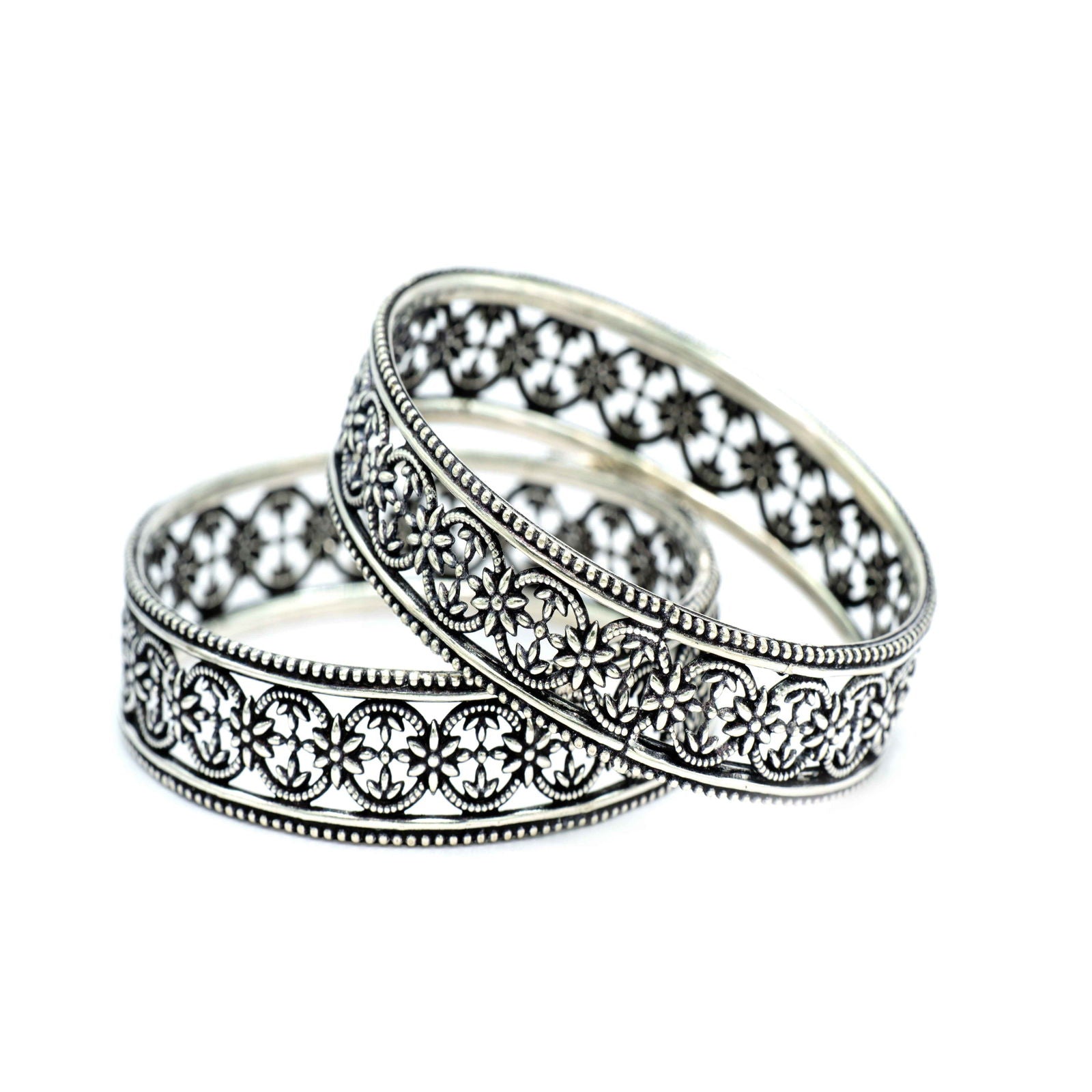 Oxidised Silver Cirque Floral Bangles - Aayat