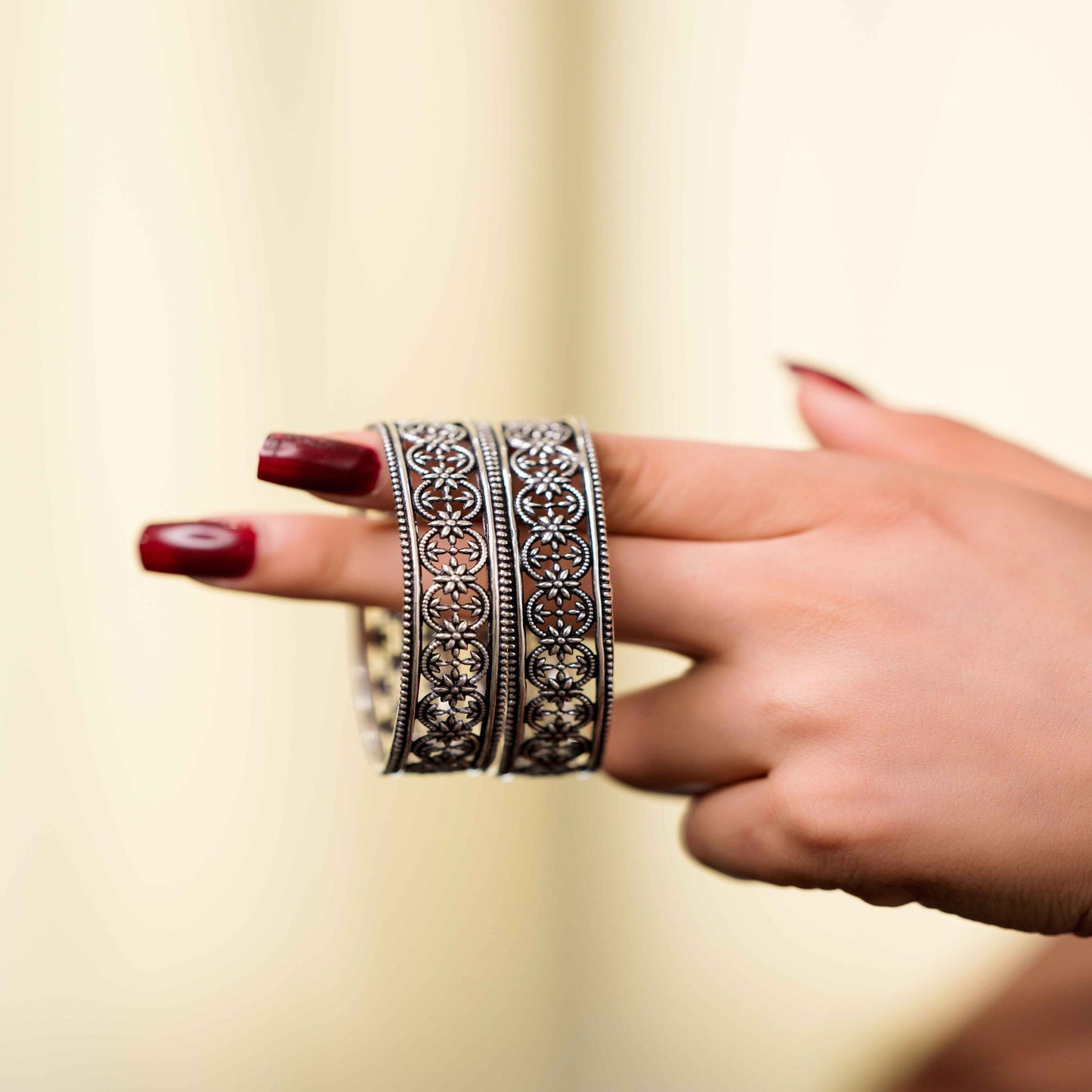 Oxidised Silver Cirque Floral Bangles - Aayat