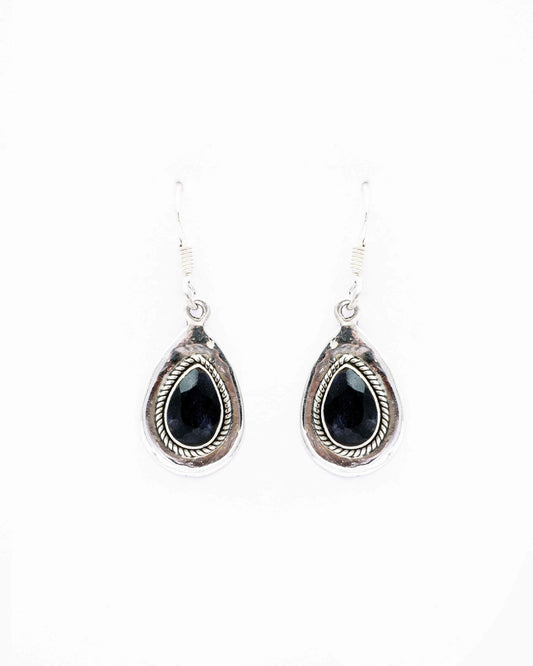 Oxidised Silver Droplet Black Earrings - Aayat