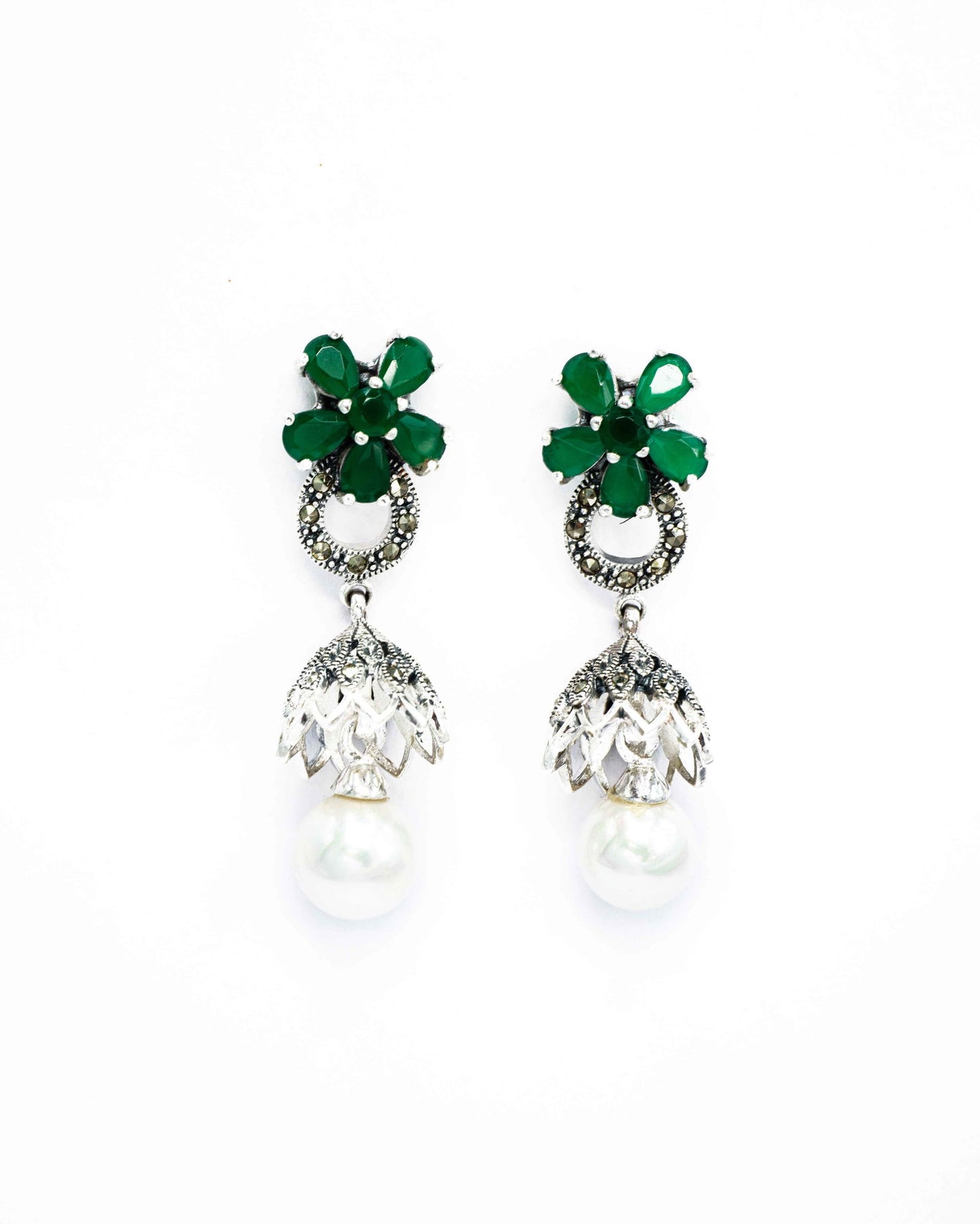 Oxidised Silver Floresence Pearl Drop Green Emerald Jhumkis - Aayat