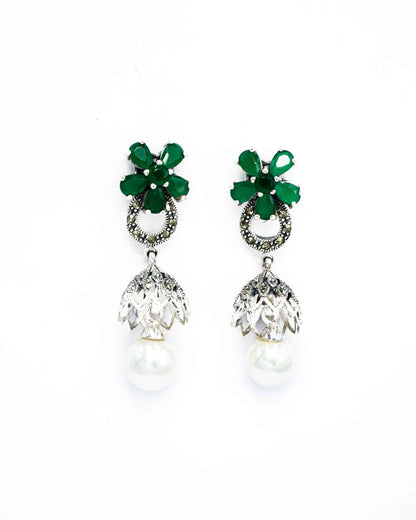 Oxidised Silver Floresence Pearl Drop Green Emerald Jhumkis - Aayat