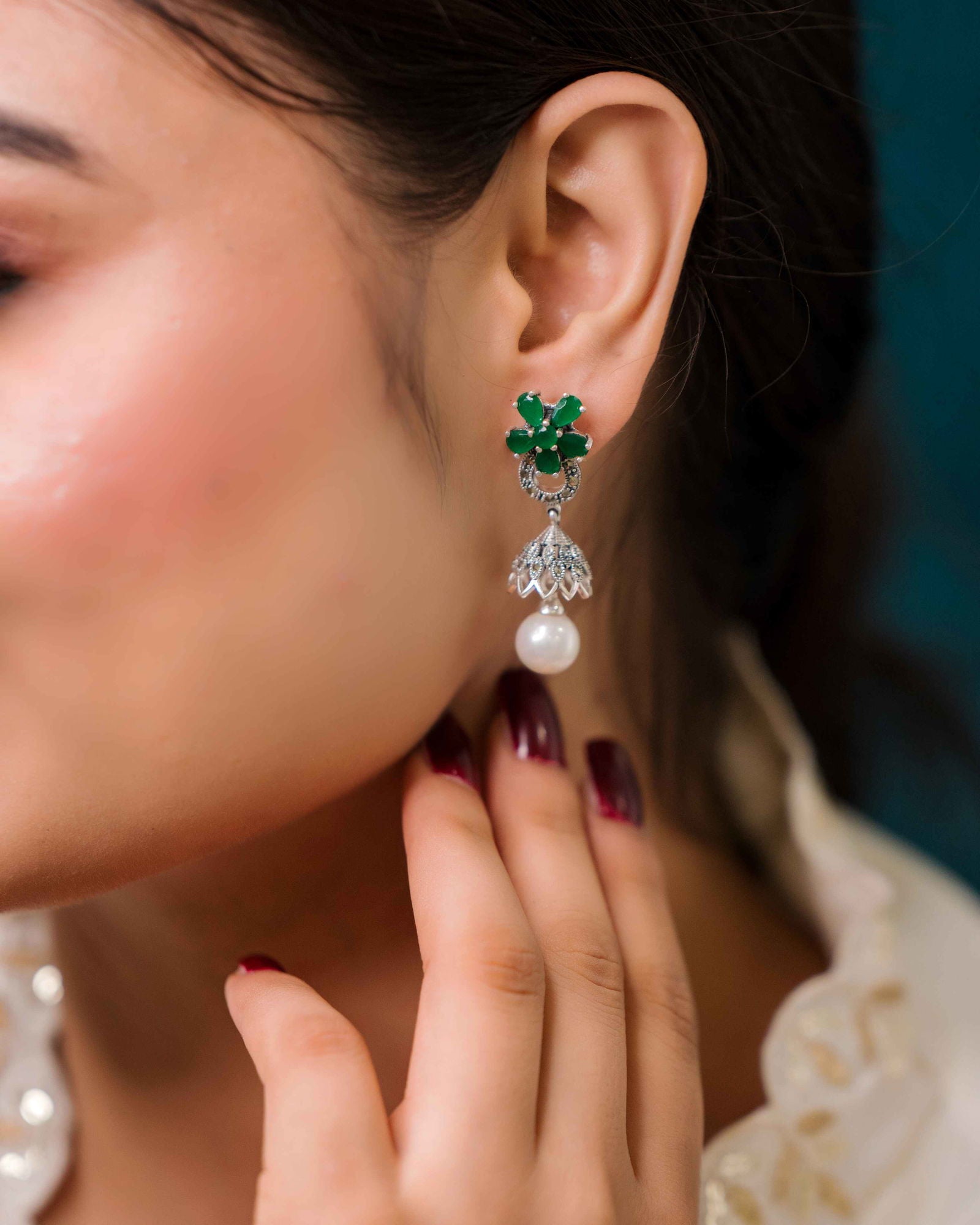 Oxidised Silver Floresence Pearl Drop Green Emerald Jhumkis - Aayat