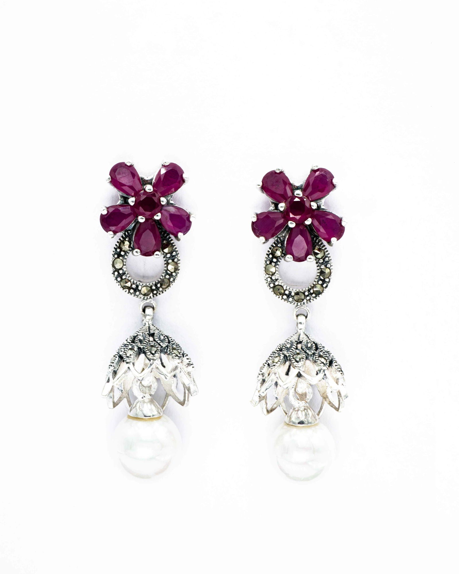 Oxidised Silver Floresence Pearl Drop Red Ruby Jhumkis - Aayat