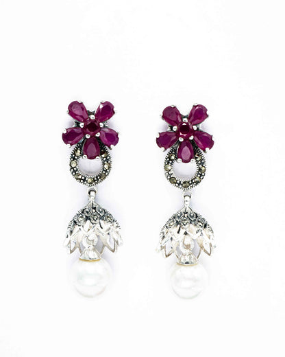 Oxidised Silver Floresence Pearl Drop Red Ruby Jhumkis - Aayat