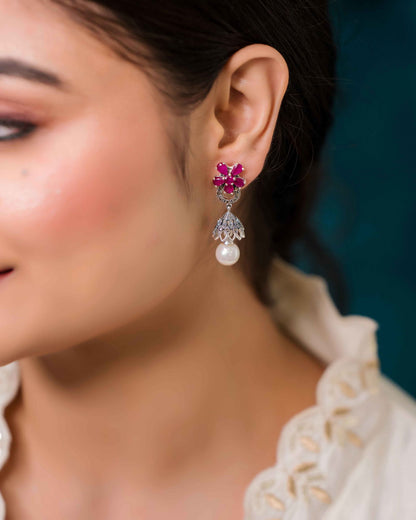 Oxidised Silver Floresence Pearl Drop Red Ruby Jhumkis - Aayat