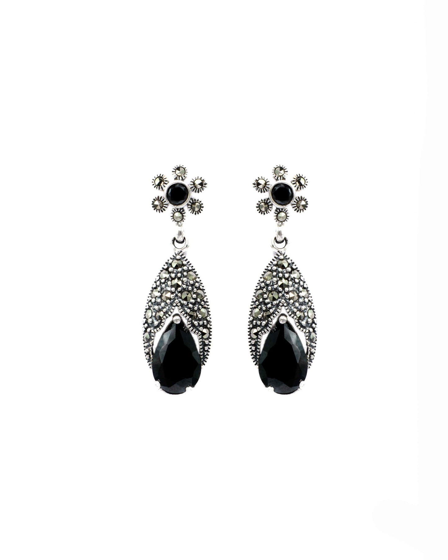 Oxidised Silver Pear-Shaped Black Earrings - Aayat