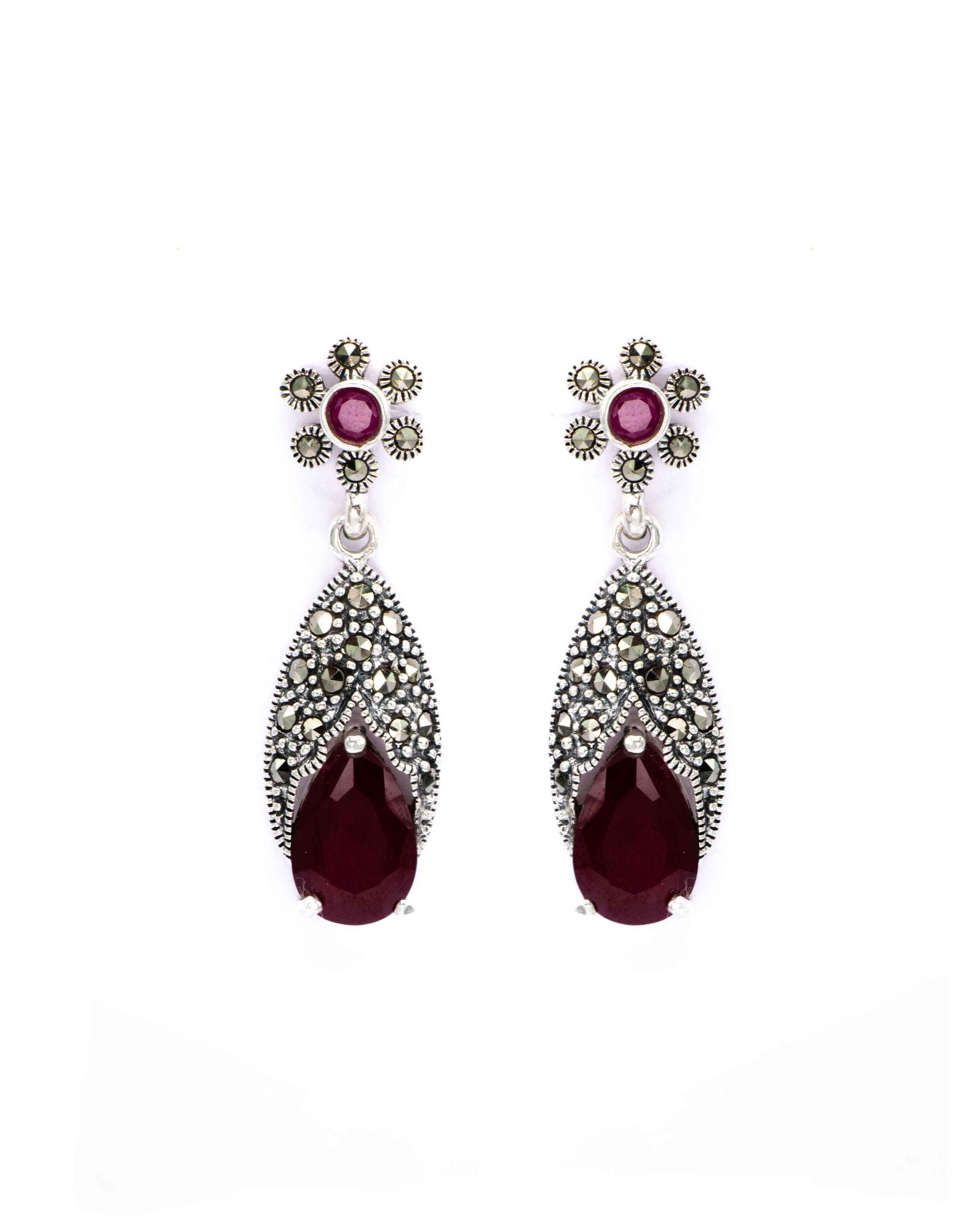 Oxidised Silver Pear-Shaped Red Ruby Earrings - Aayat