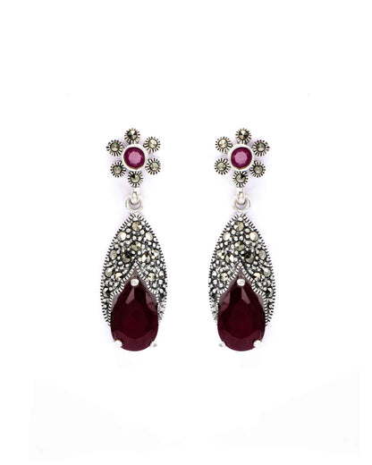Oxidised Silver Pear-Shaped Red Ruby Earrings - Aayat
