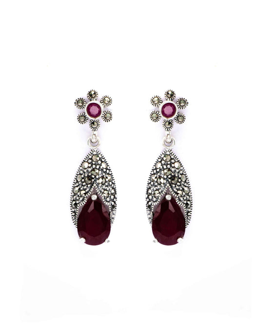 Oxidised Silver Pear-Shaped Red Ruby Earrings - Aayat