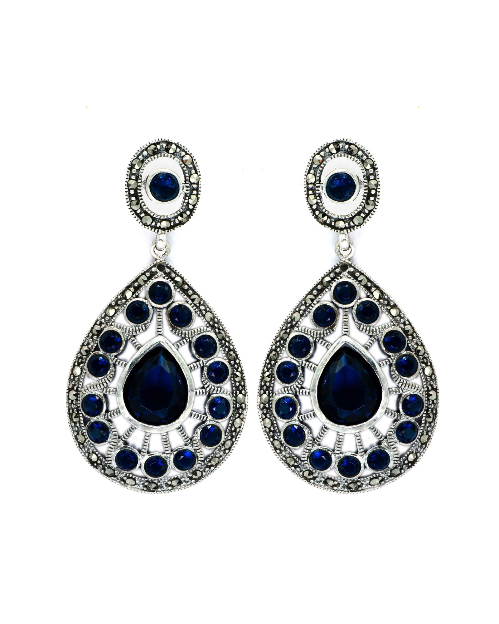 Oxidised Silver Pear Drop Blue Sapphire Earrings - Aayat