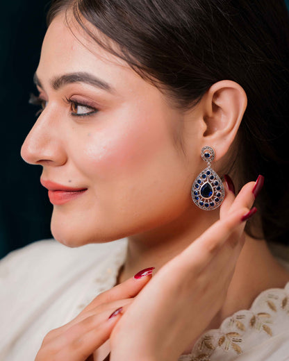 Oxidised Silver Pear Drop Blue Sapphire Earrings - Aayat