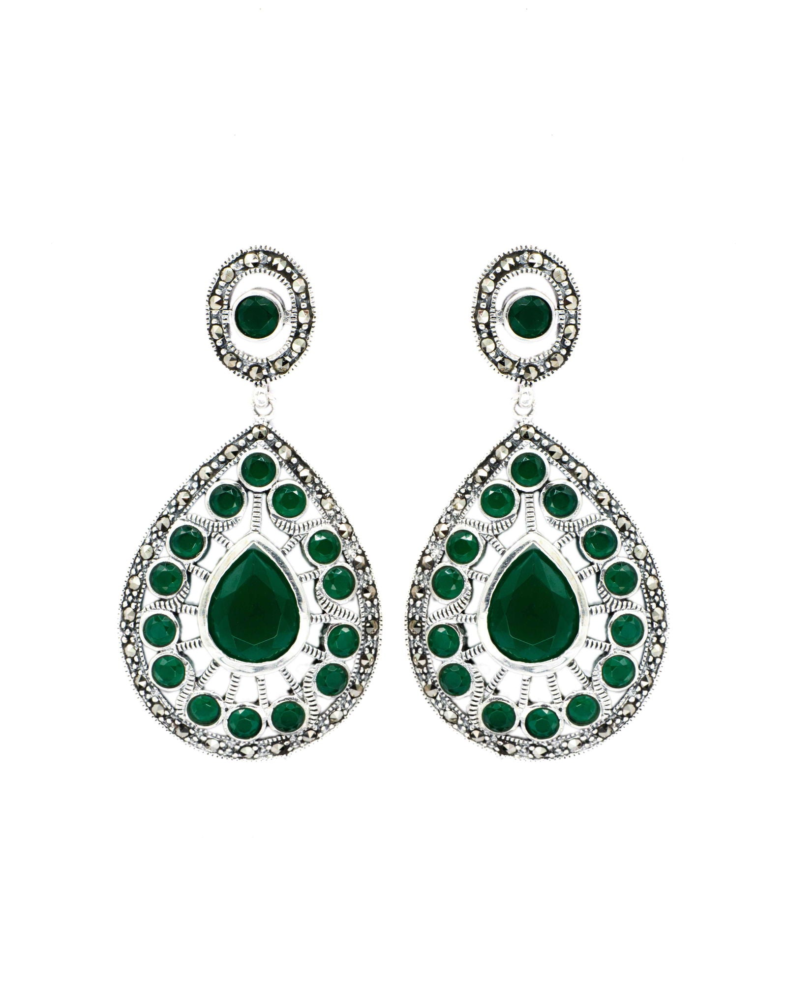 Oxidised Silver Pear Drop Green Emerald Earrings - Aayat