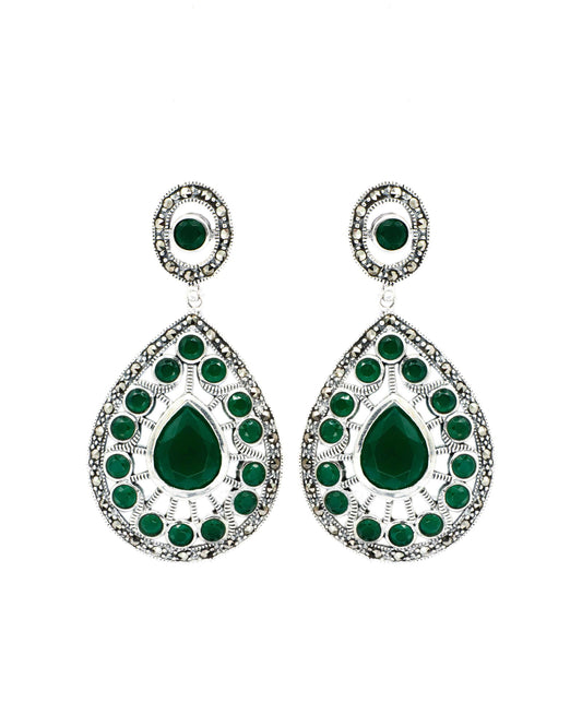Oxidised Silver Pear Drop Green Emerald Earrings - Aayat