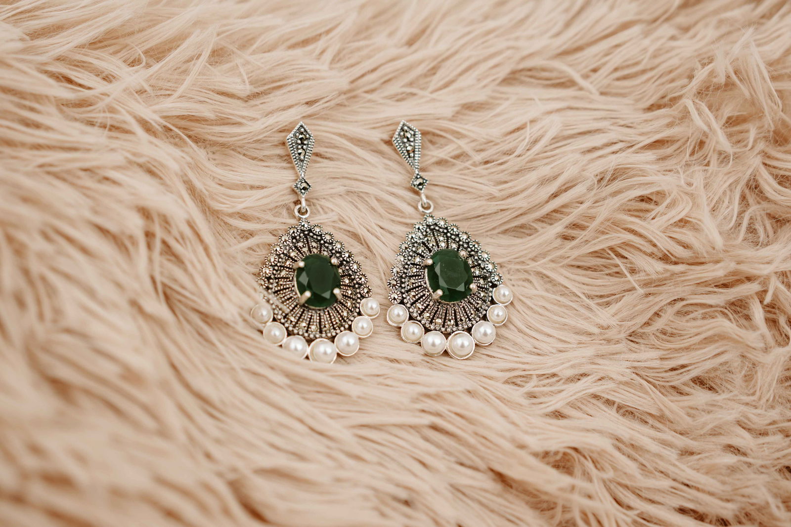 Oxidised Silver Pear Drop Green Emerald Earrings - Aayat