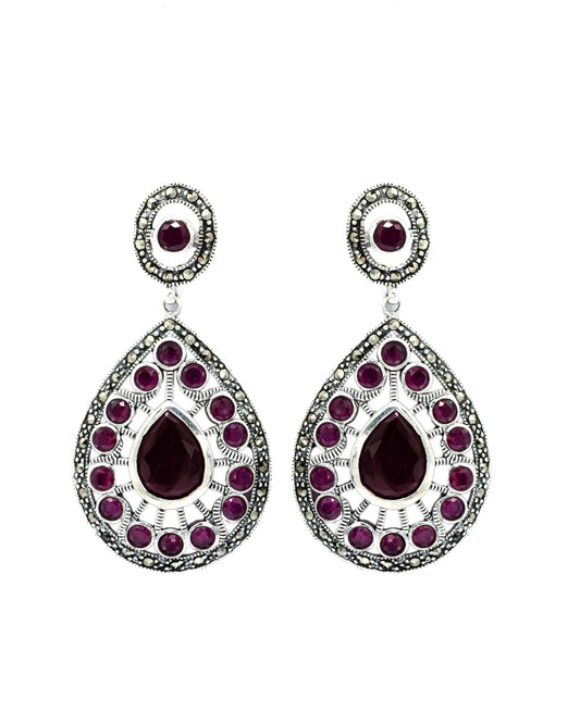 Oxidised Silver Pear Drop Red Ruby Earrings - Aayat
