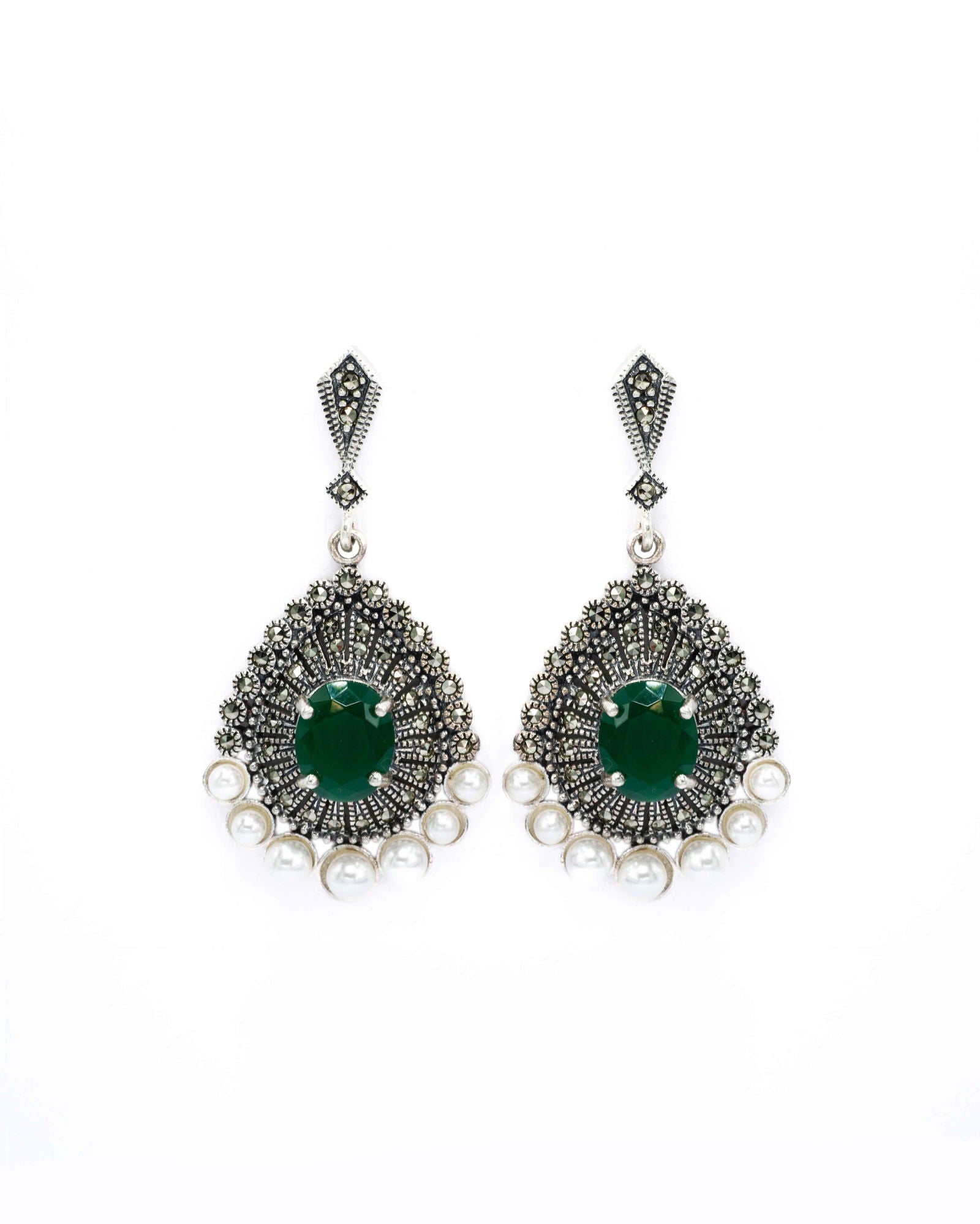 Oxidised Silver Pearl Layered Green Emerald Earrings - Aayat