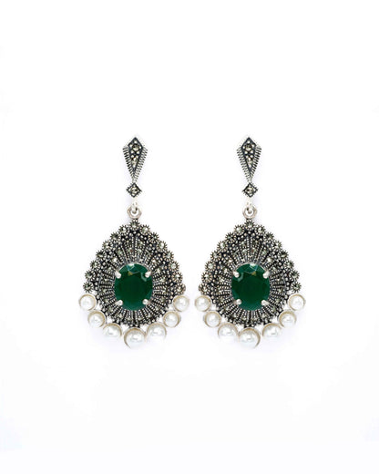 Oxidised Silver Pearl Layered Green Emerald Earrings - Aayat