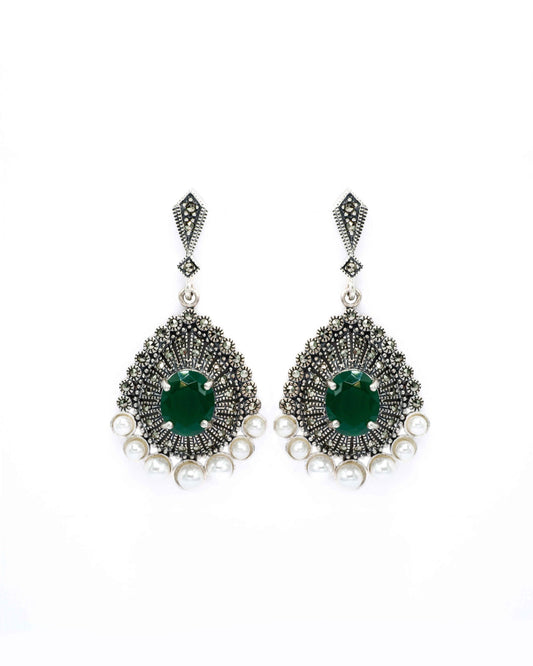 Oxidised Silver Pearl Layered Green Emerald Earrings - Aayat